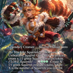 Peut inclure: Une carte à collectionner intitulée The Unbeatable Squirrel Girl représentant un personnage aux cheveux orange, lunettes rondes et tenue sur le thème du panda roux avec bordure en fourrure. Le texte inclut des capacités, la phrase We're here to eat nuts and kick butts!, et 4/4.