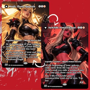 May include: Two Magic: The Gathering trading cards featuring Magik, Illyana Rasputin and Darkchild, Demon Uncaged. The cards display a blonde character in black armor with text detailing legendary creature abilities and game rules.