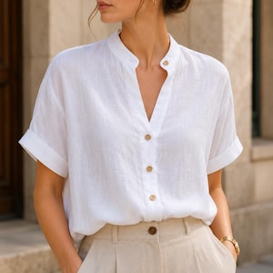 Camicetta da donna in lino con bottoni, camicia in lino a maniche corte, top con colletto alla coreana, camicetta in lino dalla vestibilità ampia, top in lino taglie forti