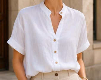 Linen Button Down Blouse Women, Short Sleeve Linen Shirt, Mandarin Collar Top, Loose Fit Linen Blouse, Plus Size Linen Top