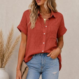 Camicetta a portafoglio in lino da donna, top reversibile con schiena scoperta, camicia in lino naturale, camicetta con laccetti regolabili, abbigliamento estivo in lino, top taglie forti