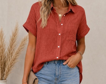 Camicetta a portafoglio in lino da donna, top reversibile con schiena scoperta, camicia in lino naturale, camicetta con laccetti regolabili, abbigliamento estivo in lino, top taglie forti