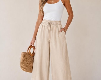 Linen Look Pants Women, High Waisted Wide Leg Pants, Linen Trousers Women, Loose Summer Linen Pants with Pockets, Elegant Long Linen Pants