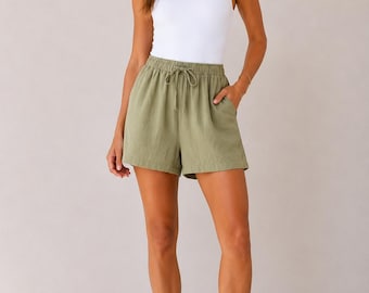 Pantaloncini di lino da donna, pantaloncini estivi a vita alta, pantaloncini di lino dalla vestibilità comoda, pantaloncini casual traspiranti da donna