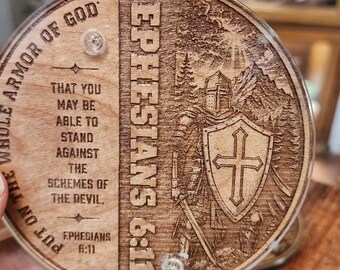 Laser Engraved Christian Wood Coaster – Ephesians 6:11 Scripture, Cork Backed (4 inch)