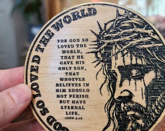 Set of 4 laser engraved Christian wood coasters with cork backing. Water resistant coating.