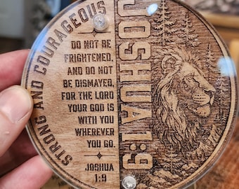 Set of 4 Laser Engraved Christian Wood Coasters, Scripture Lion Artwork (4 inch)