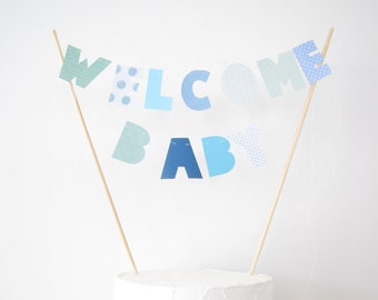 Welcome Baby Cake Topper, Cake Banner, Personalized Cake Bunting, Custom Party Decor, blue dots chevron geometric, It's a boy, baby shower