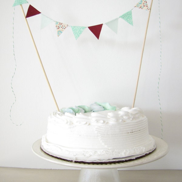 Maroon & Mint Cake Topper - Fabric Cake Bunting - Wedding, Birthday Party, Shower Decoration "Red Plum" wine cream aqua dots floral