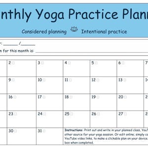 Planificador mensual de práctica de yoga, sesiones de yoga intencionadas, planificación reflexiva.