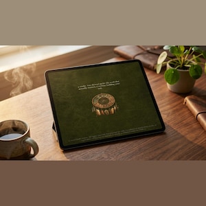 Puede incluir: Una tableta digital muestra un fondo verde con un diseño circular decorativo y texto. La tableta está sobre una superficie de madera, junto a una taza de café y una pequeña planta en maceta. El texto dice: "4 semanas. Te presentaste para el trabajo que realmente importa. Continúa construyendo tu web."