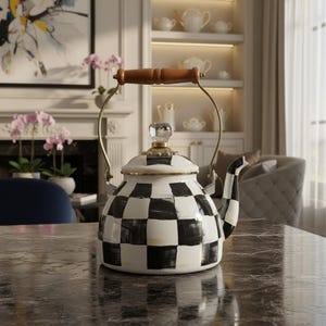 Checkered Tea Kettle, Black White Enamel Teapot, Wooden Handle Kettle, Stovetop Tea Kettle, Cottage Kitchen Decor, Tea Lover Gift