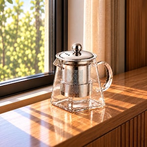 Heat Resistant Glass Teapot with Stainless Steel Infuser, Clear Geometric Tea Pot with Metal Filter for Loose Leaf Tea