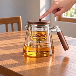 May include: A clear glass teapot with a dark wood lid and a matching cylindrical wood handle. The teapot features an internal glass infuser basket containing loose tea leaves, with amber-colored tea flowing from the infuser into the main vessel.