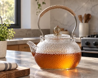 Glass Teapot with Infuser, Clear Tea Kettle, Textured Glass Tea Pot, Loose Leaf Teapot, Tea Lover Gift, Elegant Kitchen Decor