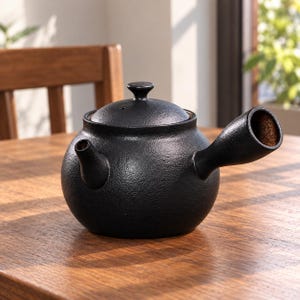 Puede incluir: Una tetera de cerámica negro mate con una superficie texturizada y granulada. La tetera presenta un cuerpo redondeado, un pequeño pico vertedor en el lado izquierdo y un mango lateral prominente que se extiende hacia la derecha. Una tapa circular a juego.