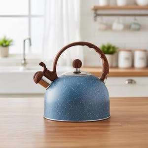 May include: A blue stovetop kettle with a speckled finish, featuring a curved handle and a spout cover with a wood-grain pattern. The kettle has a rounded body, a silver-toned lid knob, and a metallic base, presenting a functional kitchen item.