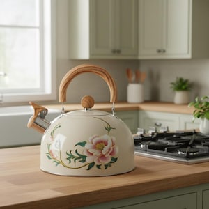 3L Floral Tea Kettle, Stainless Steel Enamel Kettle, Large Capacity Water Kettle, Vintage Flower Tea Pot for Tea & Coffee, Kitchen Decor
