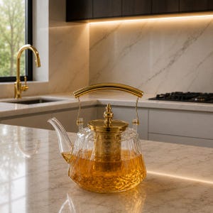 May include: A clear glass teapot with a faceted geometric body, featuring a gold-toned metal lid, a matching gold-toned handle, and a gold-toned internal mesh infuser. The teapot is filled with a golden-coloured liquid, showcasing a reflective surface.