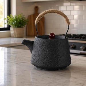 Black Cast Iron Teapot, Japanese Tetsubin Tea Kettle, Rustic Tea Pot, Wrapped Handle Teaware, Tea Lover Gift, Kitchen Decor