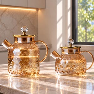 May include: Two amber-coloured glass teapots with a textured diamond pattern on the body. Each teapot features a gold-toned metal lid topped with a clear, faceted crystal-like knob, a curved glass handle, and a short, angled pouring spout.