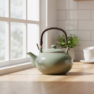 Peut inclure: Une théière en céramique vert sauge avec un corps arrondi et une finition émaillée craquelée. Elle présente un bec verseur incurvé, un couvercle assorti avec un petit bouton et une anse tressée marron foncé fixée à deux boucles métalliques.