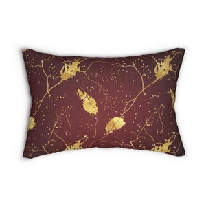 Cuscino lombare con motivo a foglie d'oro e viticci / Cuscino decorativo botanico bordeaux