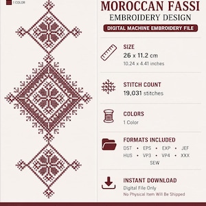 Peut inclure: Un fichier de broderie machine numérique Moroccan Fassi avec un motif géométrique rouge foncé. Le fichier mesure 26 x 11,2 cm, compte 19 031 points et est disponible aux formats DST, EPS, EXP, JEF, HUS, VP3, VP4, XXX et SEW.