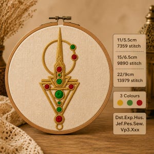 May include: An embroidery hoop containing a cream fabric with a gold, red, and green geometric design. Text lists sizes 11/5.5cm, 15/6.5cm, 22/9cm, stitch counts, 3 colours, and file formats Dst.Exp.Hus.Jef.Pes.Sew.Vp3.Xxx.