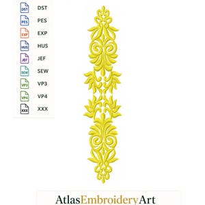 May include: A vertical yellow embroidery design featuring symmetrical floral and scrollwork patterns. To the left, a list labeled FORMAT AVAILABLE displays file extensions including DST, PES, EXP, HUS, JEF, SEW, VP3, VP4, and XXX. The text AtlasEmbroideryArt appears at the bottom.