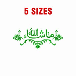 May include: A green embroidery design featuring the Arabic calligraphy for Masha'Allah, centered above decorative swirling vine and leaf motifs. The text 5 SIZES is displayed in bold red capital letters at the top of the white image.