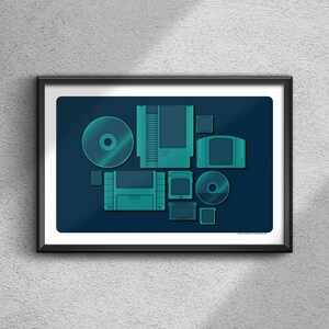 May include: A digital illustration of various video game cartridges and discs, including a Super Nintendo cartridge, a Nintendo 64 cartridge, a Sega Genesis cartridge, and a CD-ROM. The illustration is in a teal and blue color scheme and is set against a dark blue background.