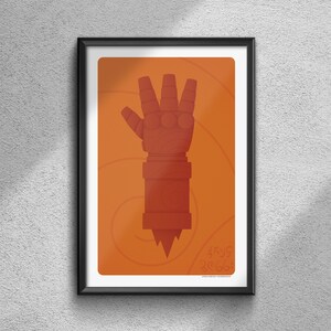 May include: A poster with an orange background featuring a silhouette of a large, red, gloved hand with four fingers raised. The hand is in the center of the poster and is surrounded by a swirling pattern. The text "2019 2066" is at the bottom of the poster.