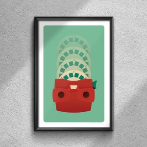 May include: A red vintage View-Master toy with a stack of green plastic reels. The reels have a circular design with multiple holes.