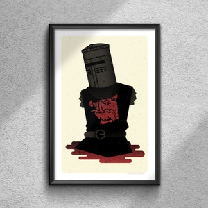 May include: A black and red illustration of a knight in armor with a boar's head on the chest plate. The knight is standing in a pool of blood.