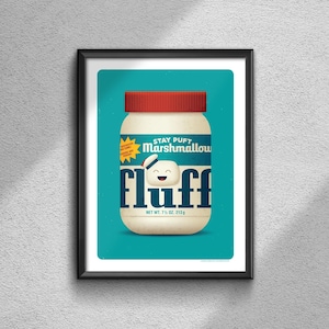 May include: A blue and white illustration of a jar of Stay Puft Marshmallow Fluff. The jar has a red lid and a cartoon marshmallow face with a sailor hat. The text on the jar reads "Stay Puft Marshmallow Fluff" and "Net Wt. 7 1/2 oz. 213g".