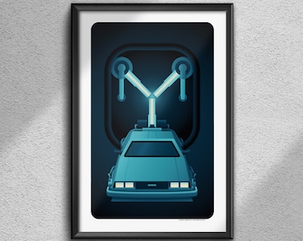 Könnte beinhalten: Ein blauer und silberner DeLorean Zeitmaschine mit einem Fluxkompensator auf dem Dach, vor einem dunkelblauen Hintergrund. Der Fluxkompensator leuchtet blau.
