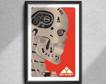 May include: A red and white poster with a stylized illustration of a robot head. The robot's head is gray and has a red eye. The text "SKYNET" is at the bottom of the poster.