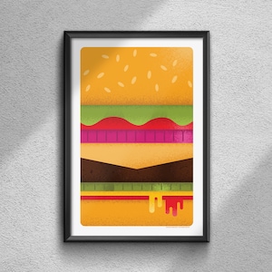 May include: A stylized illustration of a hamburger with a yellow bun, green lettuce, red tomato, pink onion, brown patty, yellow cheese, and red ketchup dripping from the bottom.