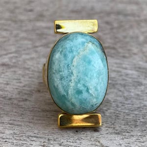 Bague ovale en laiton massif et amazonite, fabriquée à la main, bijou géométrique Art déco.