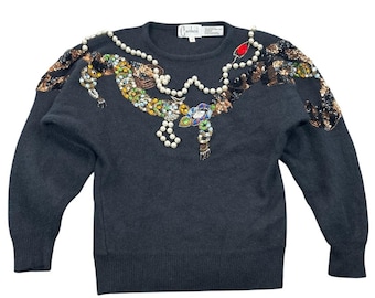 Pull vintage Carducci années 80 en laine angora, perles et sequins, taille S