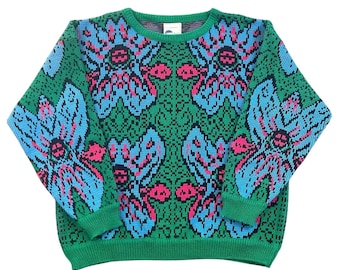 Vintage 80s Extra Touch Abstract Floral Sweater Green Blue Pink Acrylic Knit - L