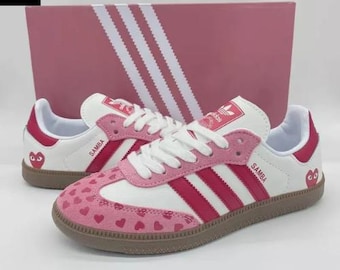 Hand-Painted Samba Sneakers, Pink Blue Black Heart Design, Custom Colors