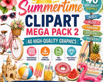 夏休みクリップアートメガパック2：トロピカルドリンク、アイスクリーム、スイカ（デジタルダウンロード）