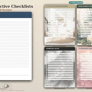 May include: A collection of digital checklist templates featuring one large blue-topped interactive checklist and four smaller themed non-interactive checklists titled Boho Minimalist, Sage Garden, Charcoal Slate, and Blush Elegance with checkboxes.