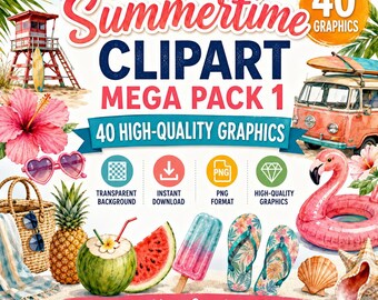 夏のクリップアートメガパック1：レトロな太陽、ライフガードタワー、ハイビスカスの花（デジタルダウンロード）