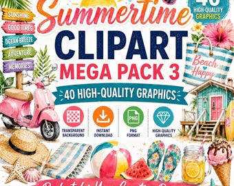 夏期クリップアートメガパック3：モンステラ、カメ、カモメ（デジタルダウンロード）
