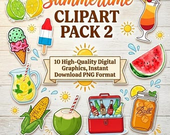 夏らしいクリップアートパック2：トロピカルドリンク、アイスクリーム、スイカ（デジタルダウンロード）