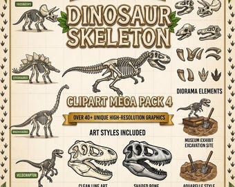 恐竜の骨格クリップアートメガパック4：頭蓋骨の化石、骨格のスポットライト、骨の破片の爪