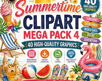 夏をテーマにしたクリップアートメガパック4：カヤック、キャンプファイヤー、レトロローラースケート（デジタルダウンロード）